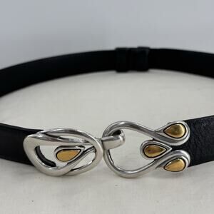 Chico’s Belt Size Large Black Leather Silver Gold Tone Sculptural Buckle 37"